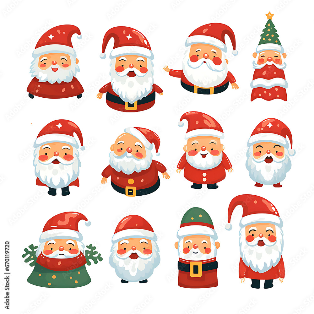Christmas color funny cute Santa Claus cartoon character elements icon set.