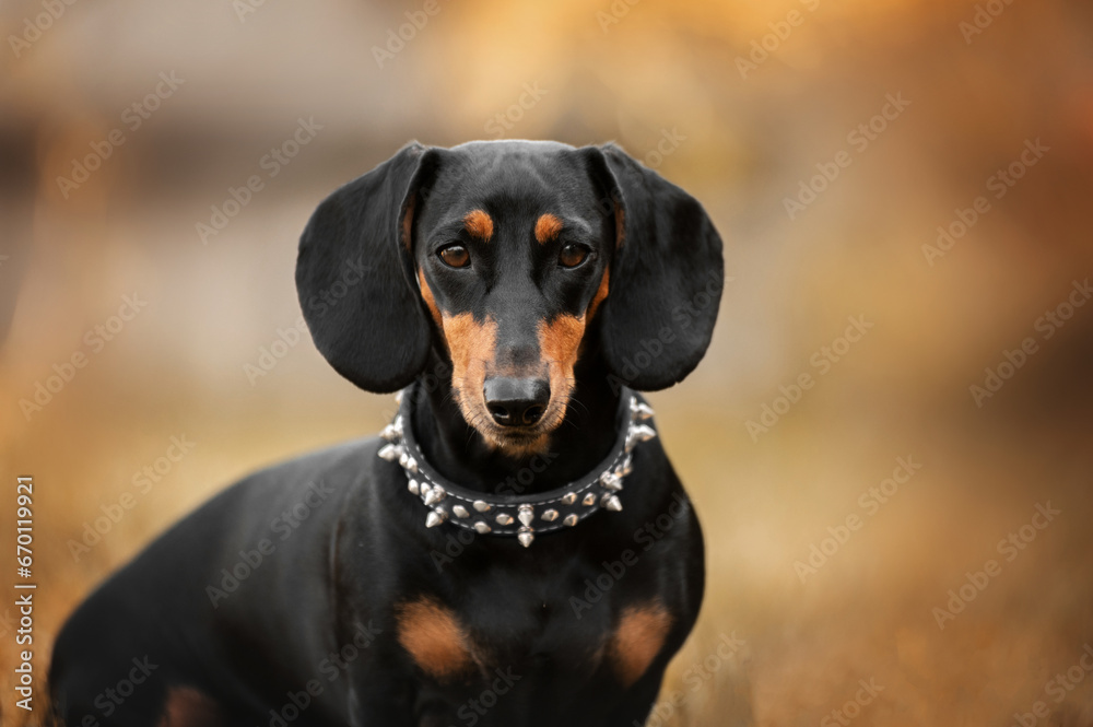 dachshund dog beautiful autumn portrait in cool collar