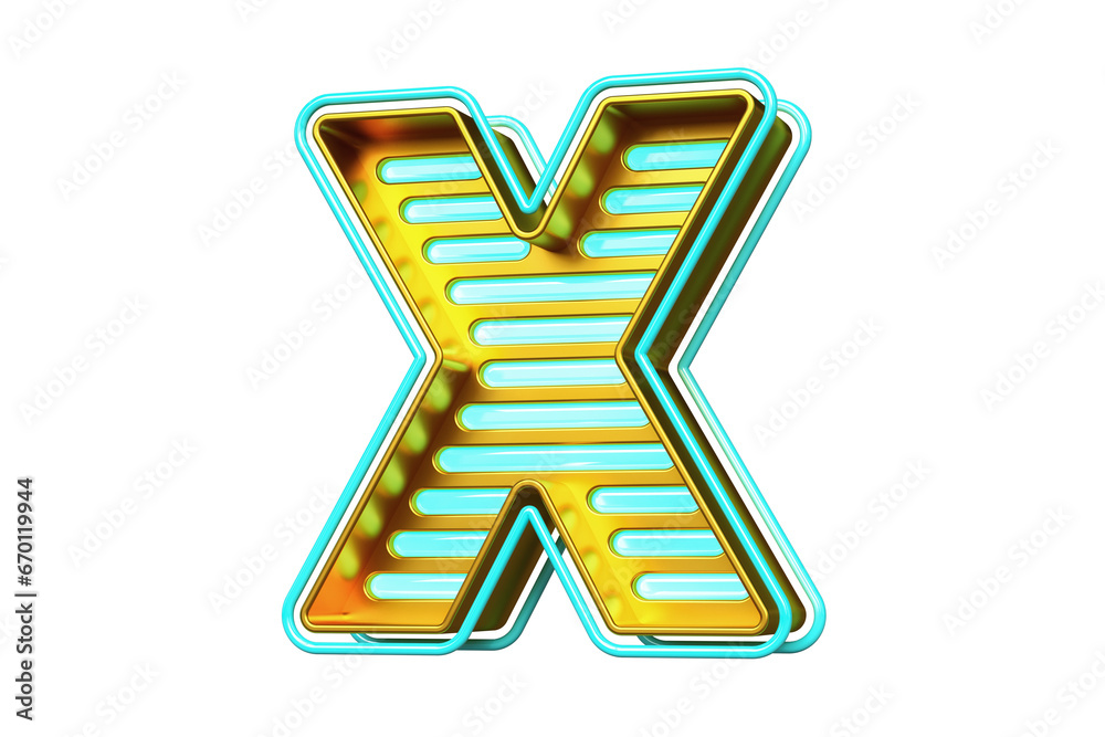 3D colorful modern retro neon font. Letter sign X in metallic gold with blue light strips. High quality 3D rendering. 3D colorful modern retro neon font. Letter sign X in metallic gold with blue light strips. High quality 3D rendering.