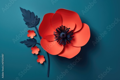 Banner with paper cut red poppy flower, symbol for remembrance, memorial, anzac day