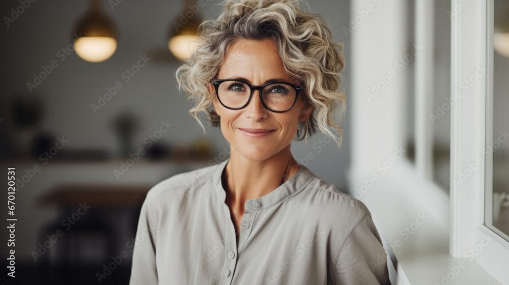 Portrait of beautiful middle aged woman looking at camera while standing indoors. Portrait of beautiful middle aged woman looking at camera while standing indoors.