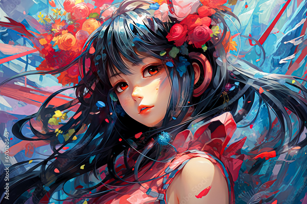 Illustration of a beautiful girl with blue hair and flowers in her hair
