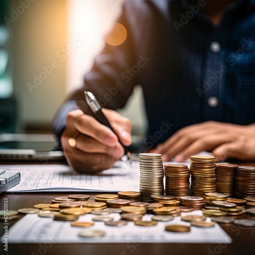 Business banner with copy space. Hand putting money coin stack with growing business.