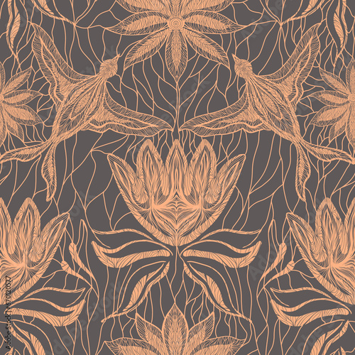 Seamless pattern, pink stylized graphic birds with flowers on a black background. Digital illustration. Suitable for interior, wallpaper, fabrics, clothing, stationery.
