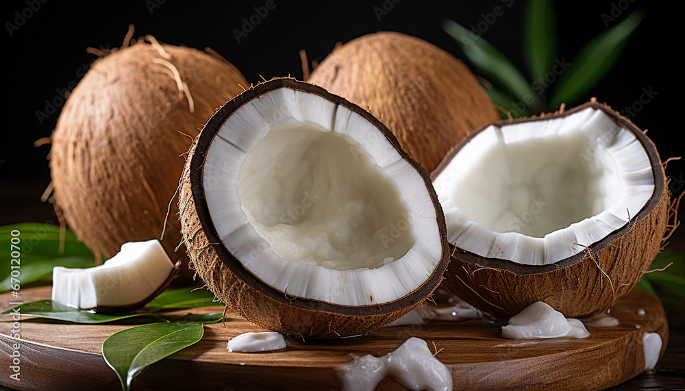 Close-up of fresh coconuts halved on a wooden surface, revealing creamy white flesh, accompanied by vibrant green leaves and coconut shavings. Close-up of fresh coconuts halved on a wooden surface, revealing creamy white flesh, accompanied by vibrant green leaves and coconut shavings.