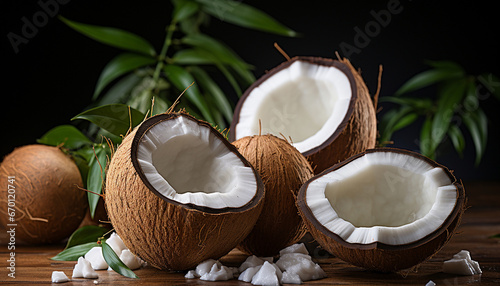 Close-up of fresh coconuts halved on a wooden surface, revealing creamy white flesh, accompanied by vibrant green leaves and coconut shavings.