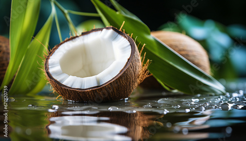 A serene capture of a split coconut with its delicate white flesh resting on glistening water, surrounded by vibrant green leaves.
