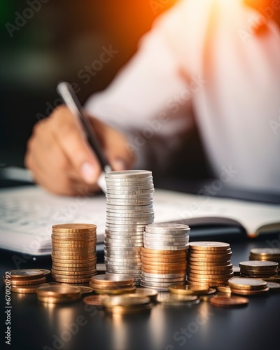 Business banner with copy space. Hand putting money coin stack with growing business.