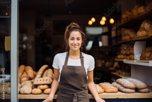 Young beautiful woman baker on a background of baked bread