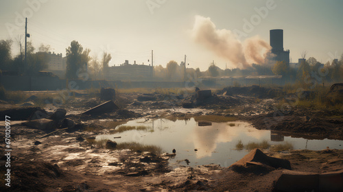 Littered surroundings on the city s outskirts. Dirty puddles and polluted air illustrate the environmental impact of urban expansion and disorder.