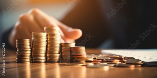 Business banner with copy space. Hand putting money coin stack with growing business. photo