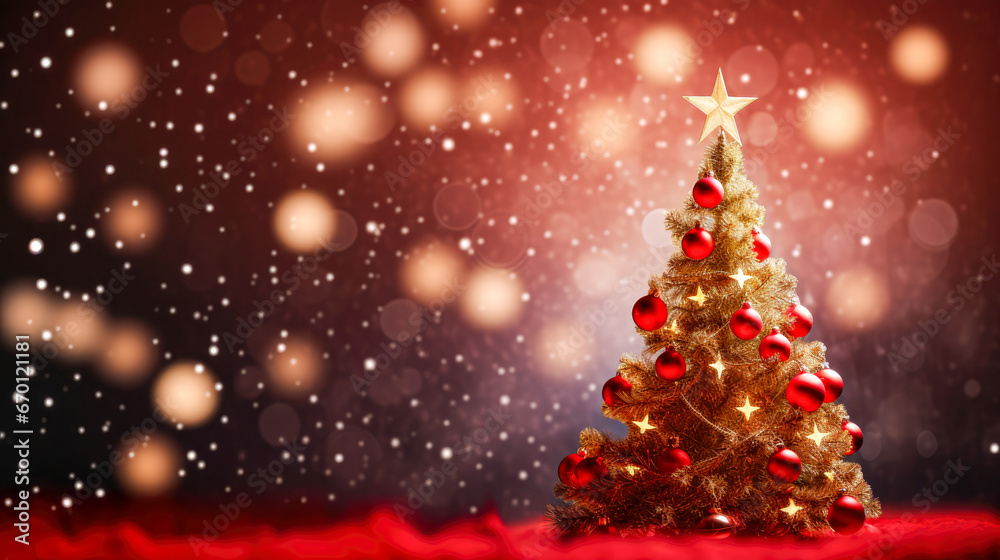 Christmas background with Christmas tree and bokeh lights.