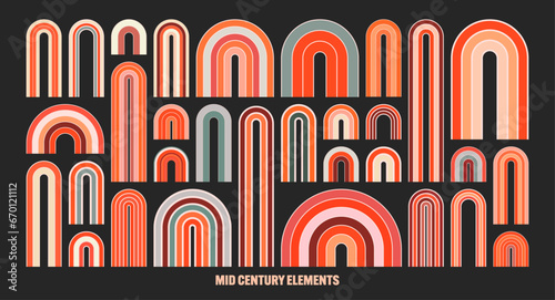Mid century arch elements, modern geometric shapes, rainbow. Contemporary design, minimalist art. Trendy design elements for wall decor, posters, books, covers and flyers. Vector illustration