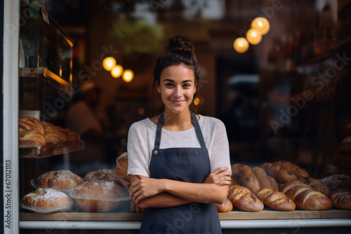 Young beautiful woman baker on a background of baked bread