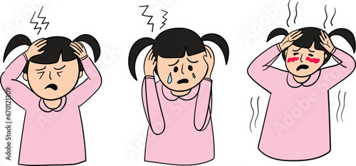 Sick child with headache Sick child feels sick dizziness, headache, migraine, vertigo Three flat vector illustrations on white background.