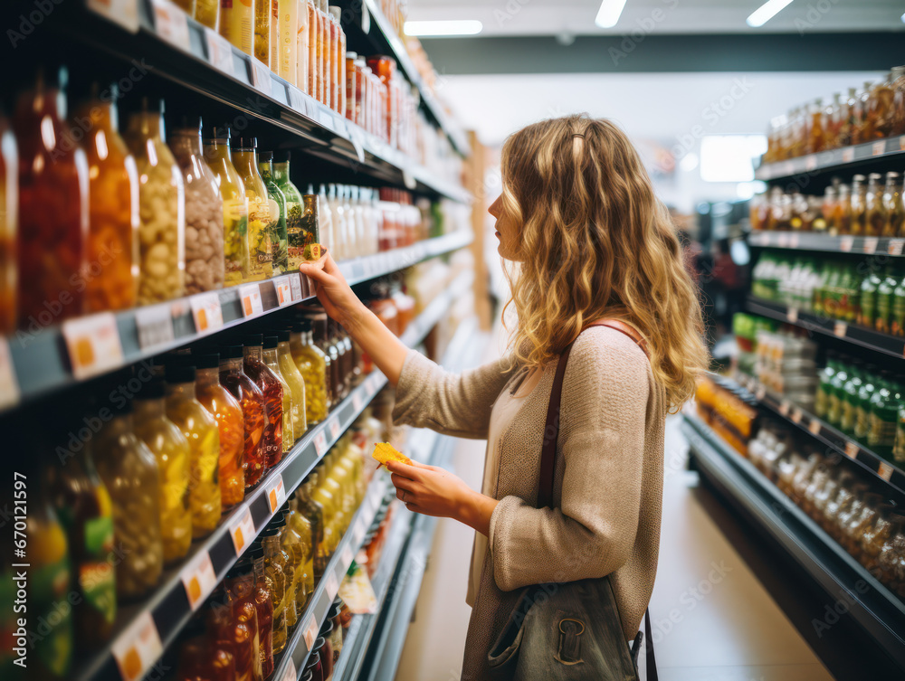 young woman shopping in modern supermarket and looking at prices, household monthly shopping concept