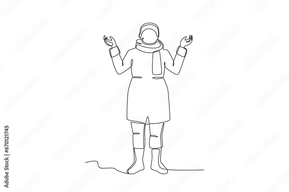 A woman wearing winter clothes. Winter outfit one-line drawing