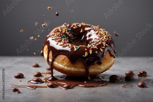 doughnut with splashes of chocolate glaze on a gray background 