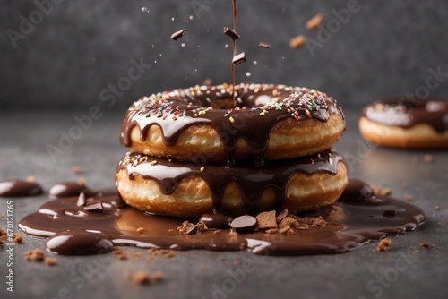 doughnut with splashes of chocolate glaze on a gray background 