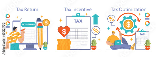 Tax optimization. Financial efficiency, budgeting and economy idea. Taxes planning, declaration preparing and calculation. Flat vector illustration