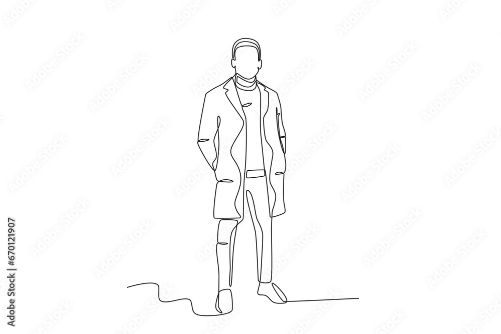 A dashing man wearing winter clothes. Winter outfit one-line drawing A dashing man wearing winter clothes. Winter outfit one-line drawing