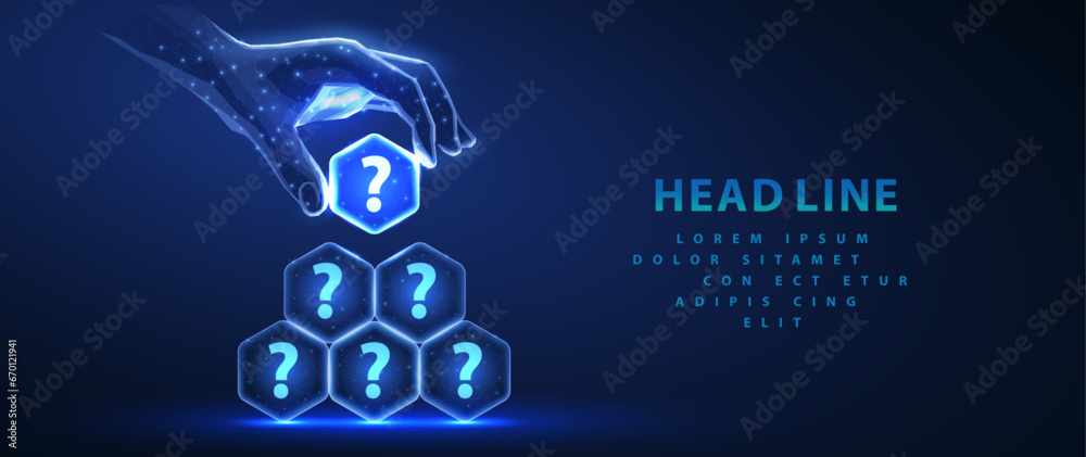 Questions pile. Question mark icons on hexagons make a pyramid and hand ...