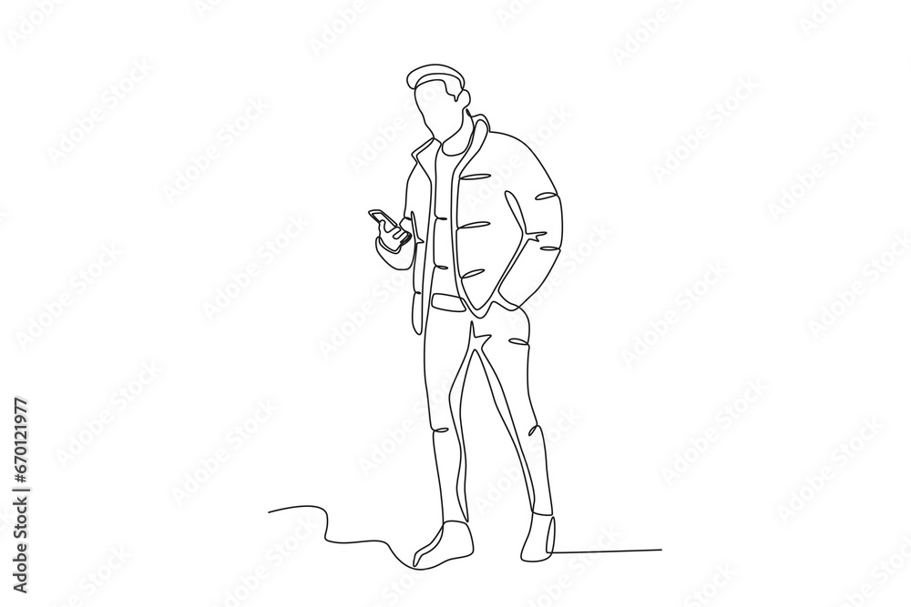 A man dressed in winter clothes. Winter outfit one-line drawing