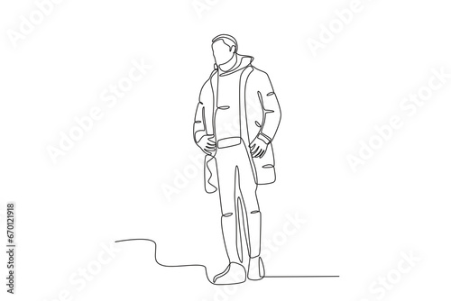 A male model wearing winter clothes. Winter outfit one-line drawing