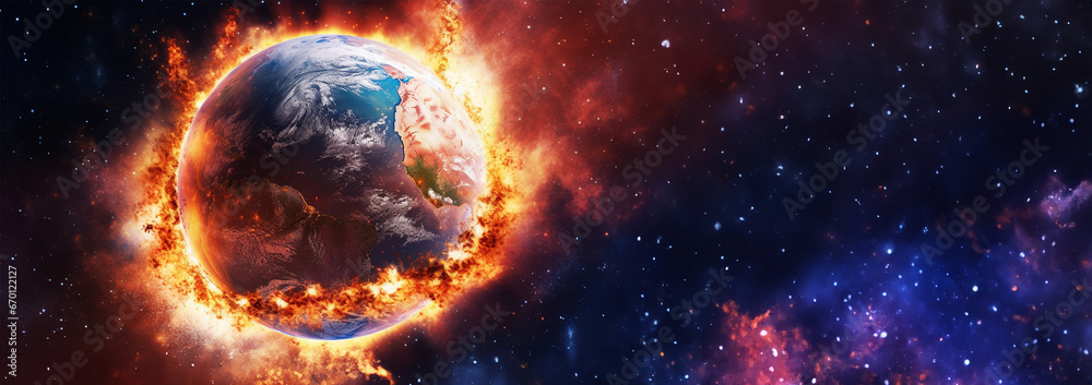 Earth on fire. Planet earth with fire flames in space . War atomic ...