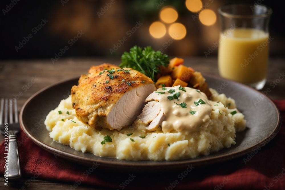 stuffed chicken with mashed potato and sauce