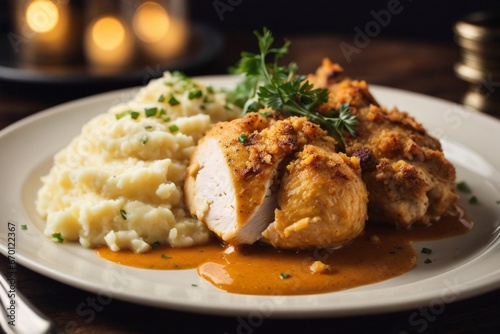 stuffed chicken with mashed potato and sauce