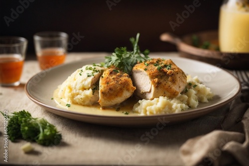stuffed chicken with mashed potato and sauce