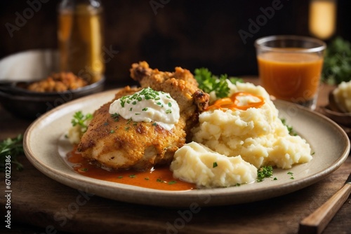 stuffed chicken with mashed potato and sauce