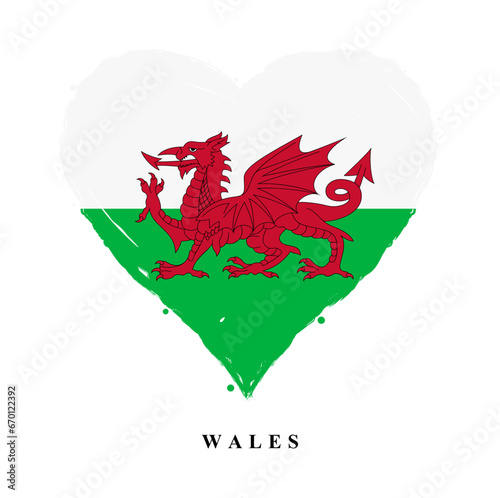Vector Wales flag in heart shape with grunge texture. Heart shaped Welsh flag isolated on white background. Beautiful design country flag of Wales for banner, poster, sticker, print. Vector