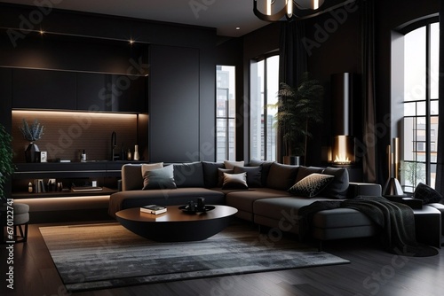 Dark modern stylish apartment interior with lighting  decorative walls  fireplace  dressing area and huge window 