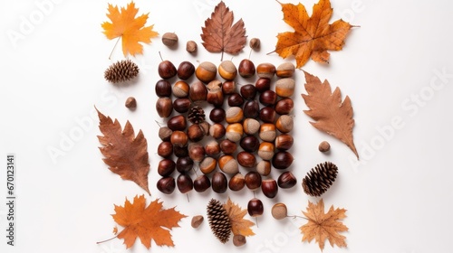 Creative autumn composition with a square of different acorns, chestnuts and fir cones in the center of a white background, autumn pattern, top view 