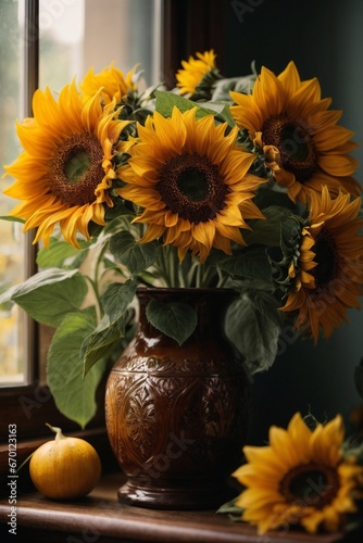 Beautiful sunflowers in vase 