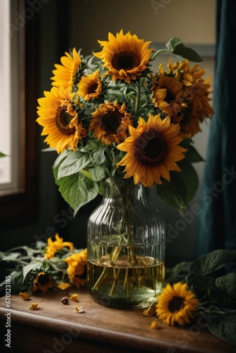 Beautiful sunflowers in vase 
