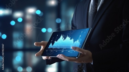 Businessman holding tablet and showing a growing virtual hologram of statistics. Graph and chart. Business growth. Planning and strategy concept. Hands with a tablet close-up.