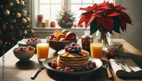 Alluring photograph spotlighting a splendidly arranged Christmas breakfast table. Center stage is a tower of pancakes, lavishly drizzled with maple syrup. photo