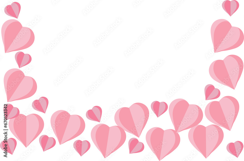 Romantic transparent background with pink paper cut hearts arranged in a frame for Valentine's Day or Mother's Day