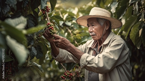 Farmer picking Arabica coffee beans on the coffee tree. 