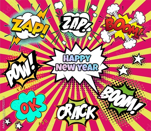 Comics Happy new Year. Vintage  retro style with graffiti elements  collage  cartoon cinema.Multicoloured background. Holiday illustration.