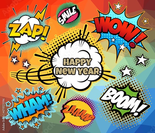 Comics Happy new Year. Vintage, retro style with graffiti elements, collage, cartoon cinema.