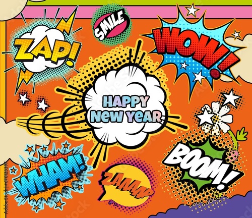 Comics Happy new Year. Vintage, retro style with graffiti elements, collage, cartoon cinema.Multicoloured background. Holiday illustration.