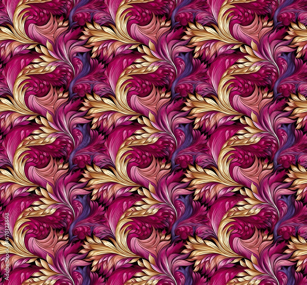 Gold, pink and crimson ornate luxury tile background. Repetitive floral pattern for love, emotion and beauty. Swirls, feathers are making this vintage artistic wallpaper very unique.