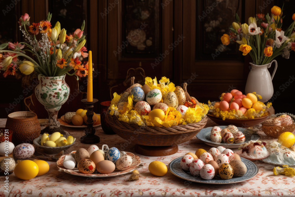 Still life with easter eggs and flowers - Generative AI