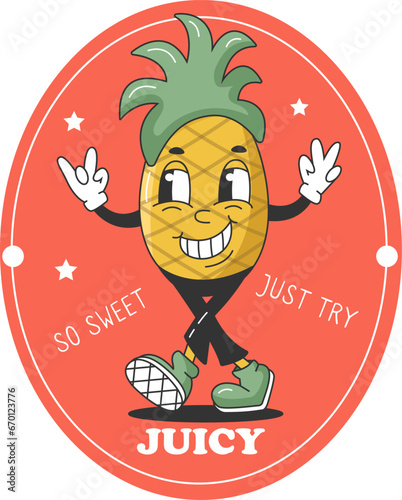 90s Fruits Funny Retro Hippie Groovy Cartoon Pineapple. Label with Comic Character. Groovy Summer Vector Sticker. Sweet Juicy Fresh Fruit Banner.