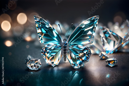 A creative and imaginative rendering of a crystal butterfly, with sparkling wings that seem to be made of shattered glass