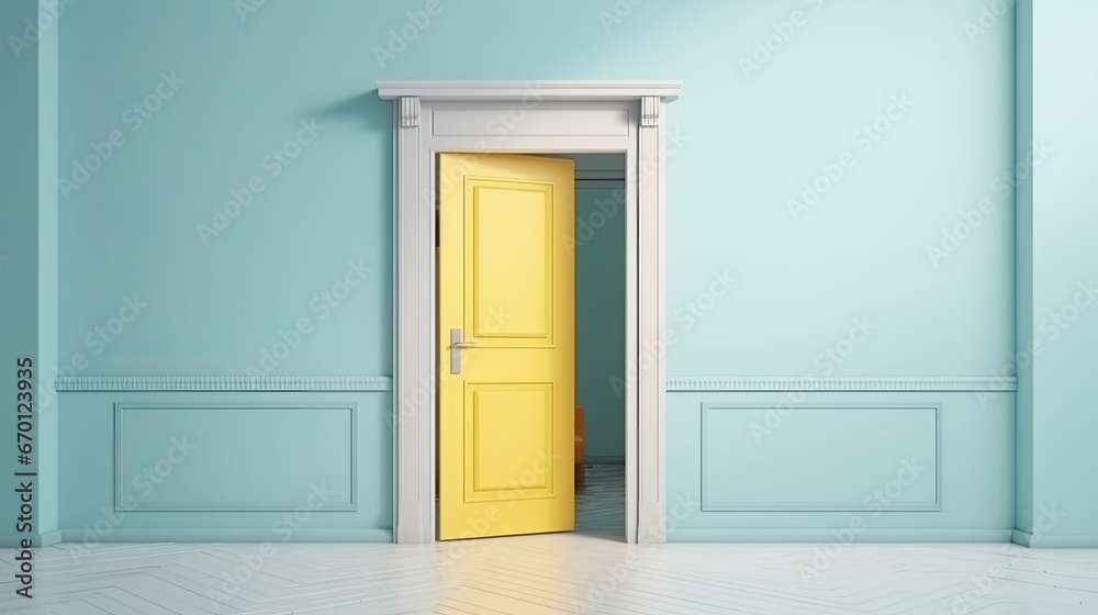 Minimal idea concept space : yellow door in pastel blue room. Minimal idea concept space : yellow door in pastel blue room.
